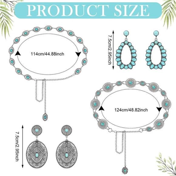 Newtay 4 Pcs Concho Chain Belt with Bohemian Dangle Metal Large Oval Earring main image 7
